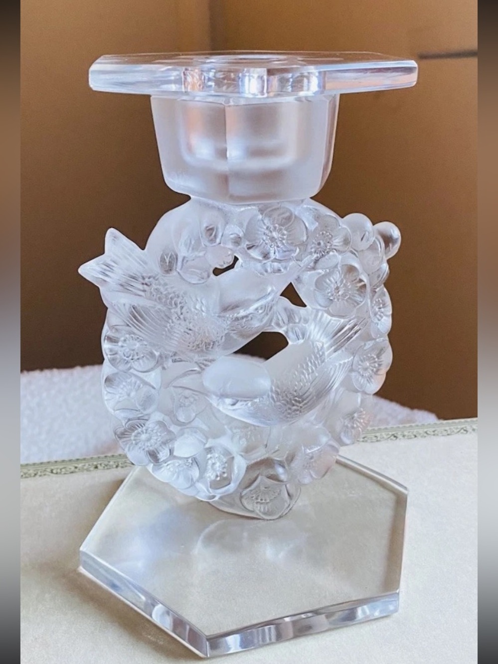 Vintage Lalique French Frosted Crystal Sparrow Candle Holder Mesanges Floral